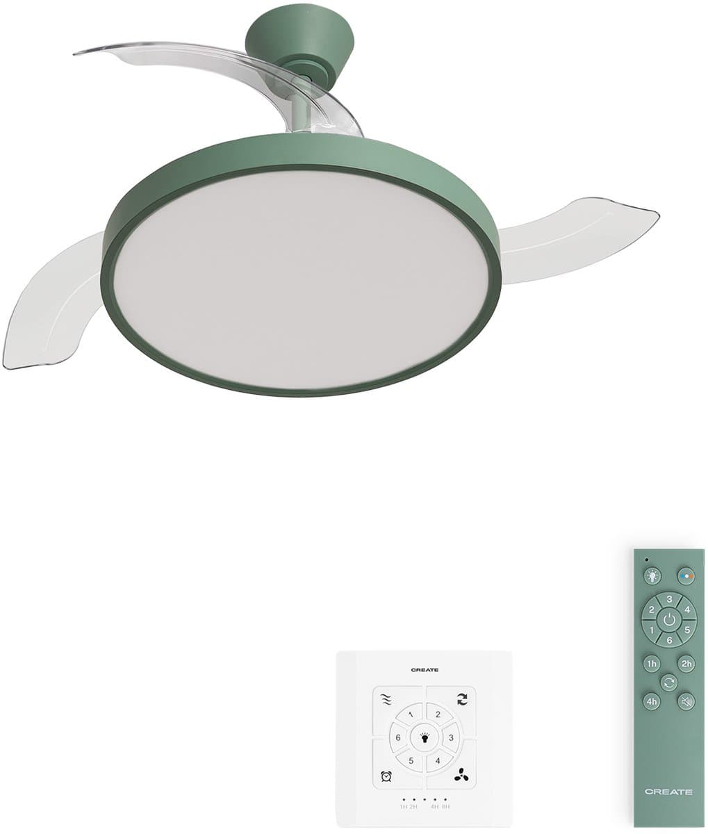 CREATE - Plafondventilator 40W stil met intrekbare bladen met licht - Ø108cm - Sage - Controller voor wandmontage + afstandsbediening - WIND CLEAR STUDIO — afbeelding 1