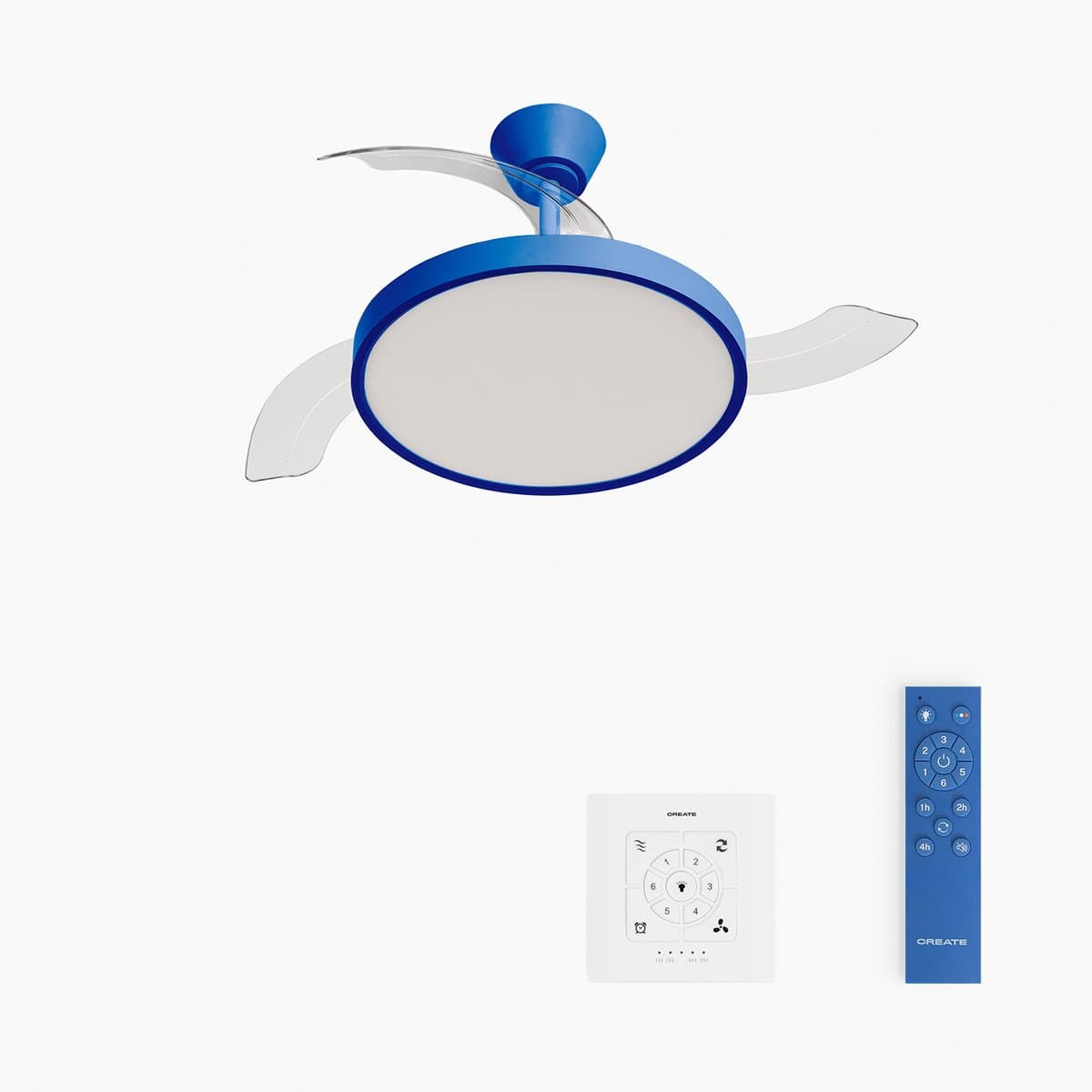 CREATE - Plafondventilator 40W stil met intrekbare bladen met licht - Ø91cm - Kobaltblauw - Controller voor wandmontage + afstandsbediening - WIND CLEAR STUDIO — afbeelding 1