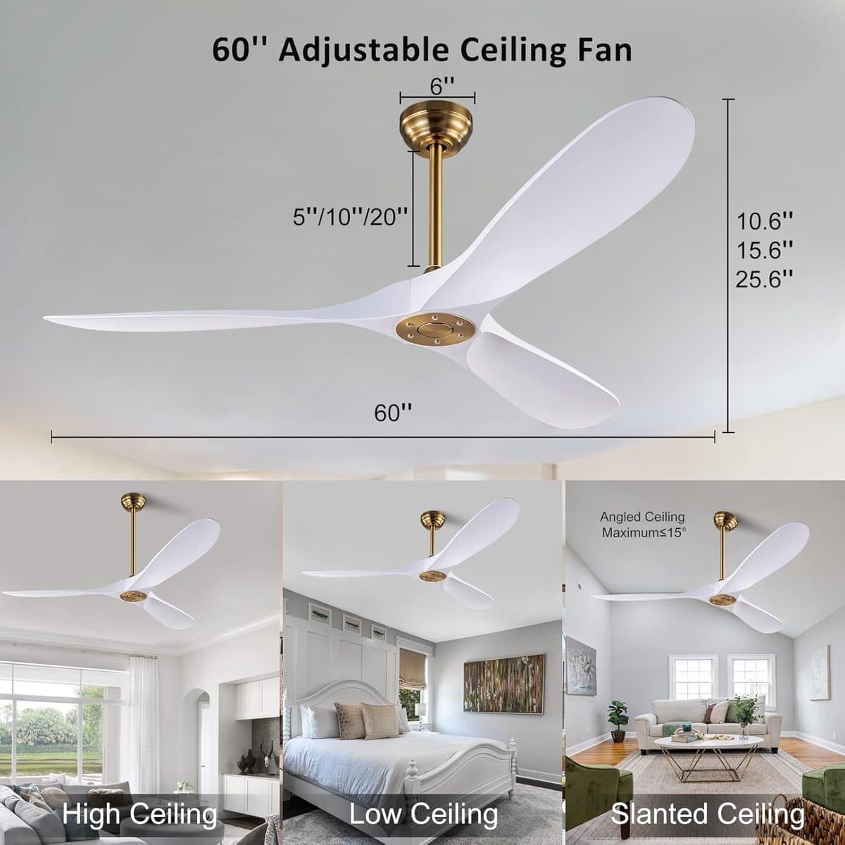Plafondventilator - Ventilator Plafond - Binnen en Buiten Gebruik - Omkeerbare DC Motor - 60 Inch - Goud Wit — afbeelding 1