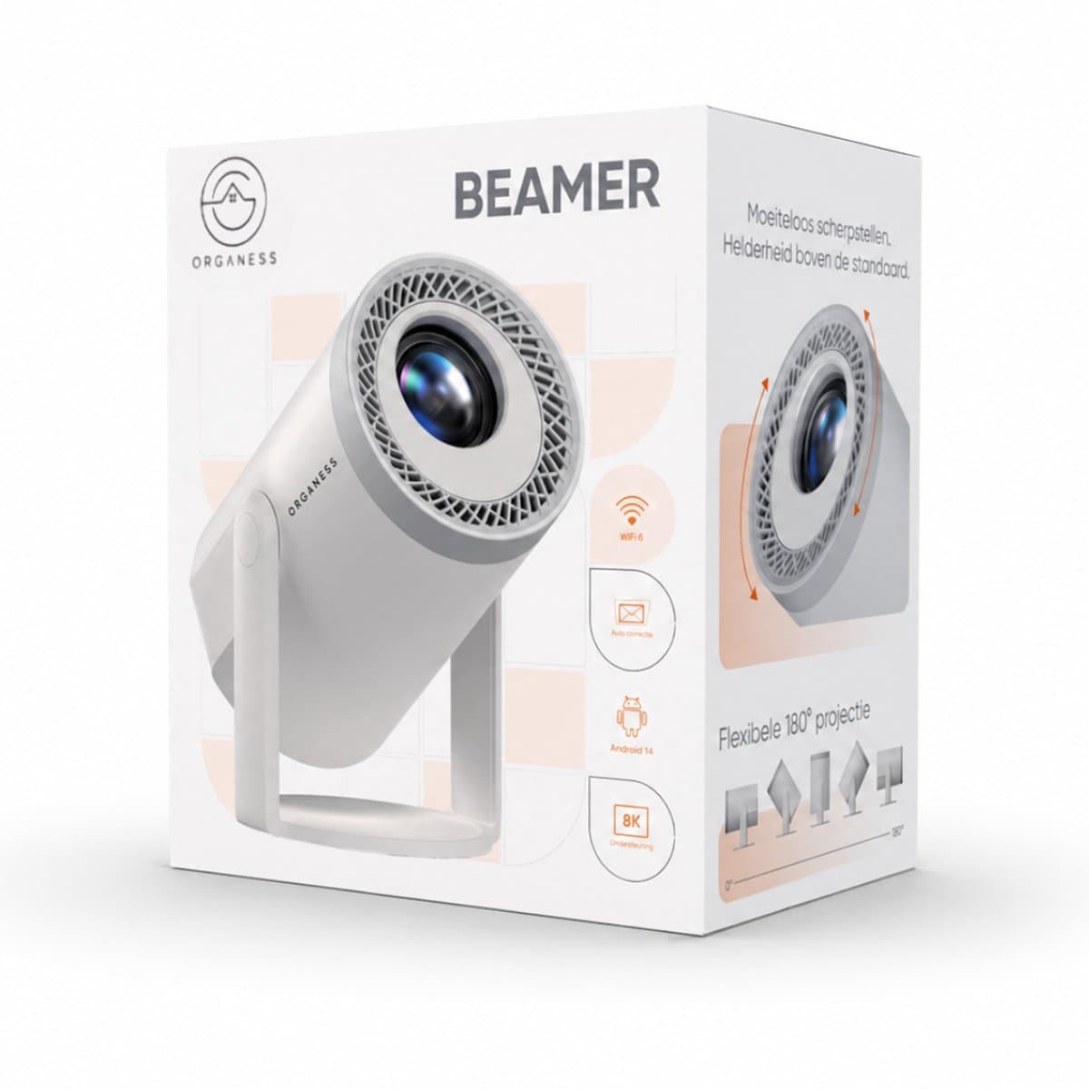 Organess Beamer - Home Cinema - 8k ondersteunend - Projector - Android 14.0 - WiFi 6 & Bluetooth 5.4 - Projector Scherm - Wit — afbeelding 1