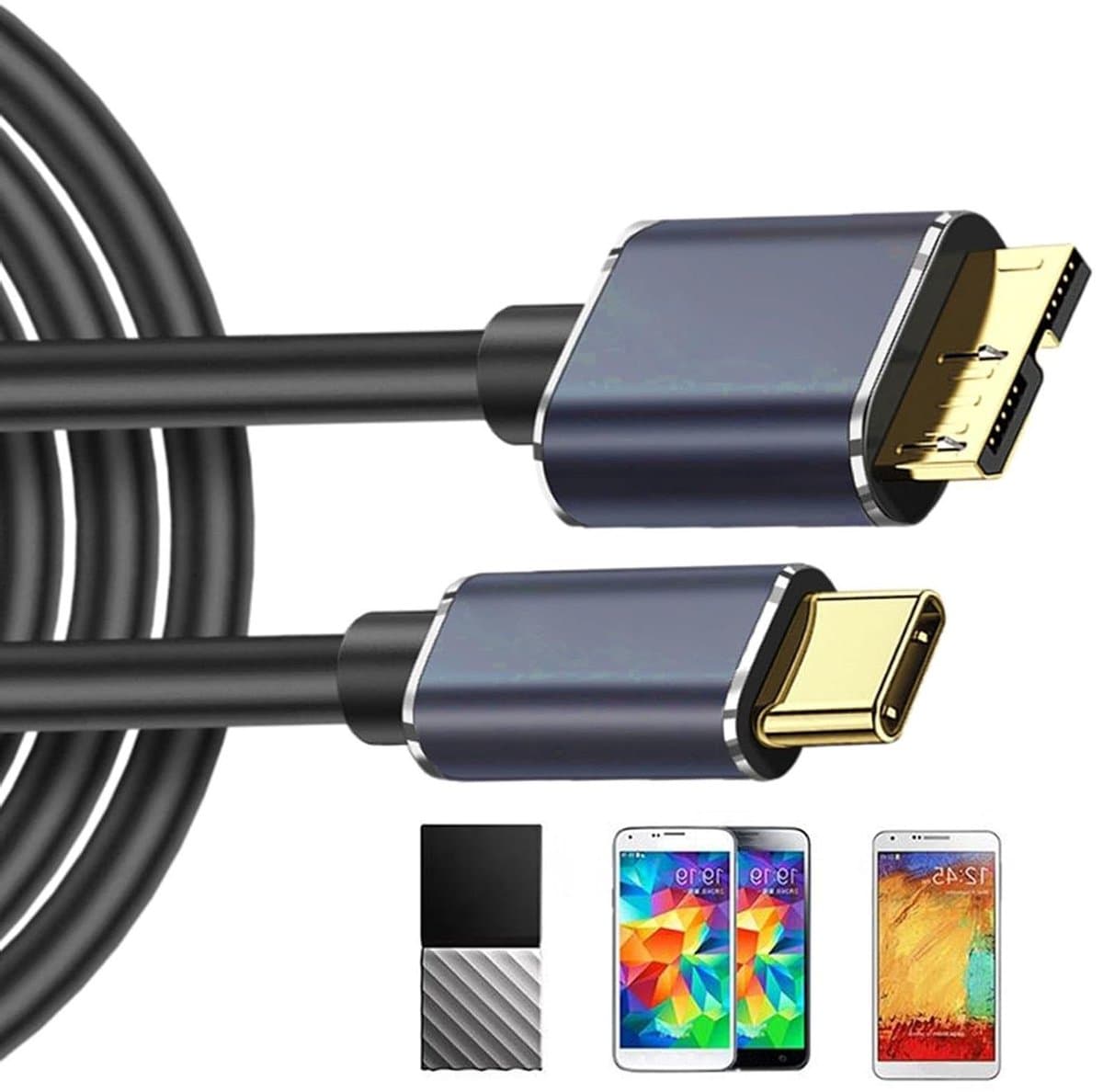 Externe Harde Schijf Kabel - USB C naar Micro-B - Snelle Data Overdracht - 3A Snelladen - 25 cm - Zwart — afbeelding 1