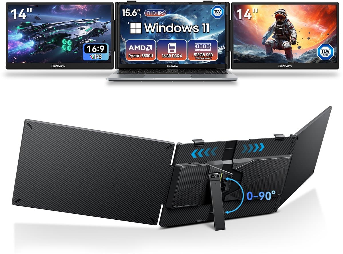 Blackview AceBook 6 - Laptop 15,6" Full HD, AMD Ryzen 5 3500U, 16GB RAM, 512GB SSD, Windows 11, UHD Graphics + DCM5 Draagbare Monitor 14" FHD, Extra Laptopscherm 13-17,3", Ultradun Opvouwbaar, 100W PD, USB-C, Plug & Play, Grijs — afbeelding 1