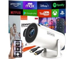 Zenwire R1 Mini Beamer 360 - Beamer - Mini Projector 360 - ANDROID 13 - WiFi 6 - Bluetooth 5.0 - 250 ANSI - HD 1280x720p ondersteunt FULL HD - Autokeystone 4D / Zoom - Home Cinema - Draagbaar - Voor IOS en Android - HDMI - USB - 36"-150" Scherm