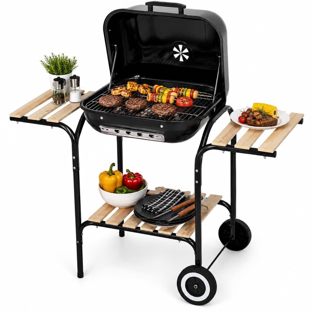 KINGHOFF Houtskoolbarbecue KH-2034 - BBQ met Deksel, Zijtafels en Wielen - 43 x 39,6 cm — afbeelding 1