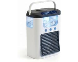 Draagbare airconditioner met ventilator, 3 snelheden en 3 nevelstanden, persoonlijke luchtkoeler, 600 ml reservoir, tafelventilator met RGB-verlichting, oplaadbare mini-airco