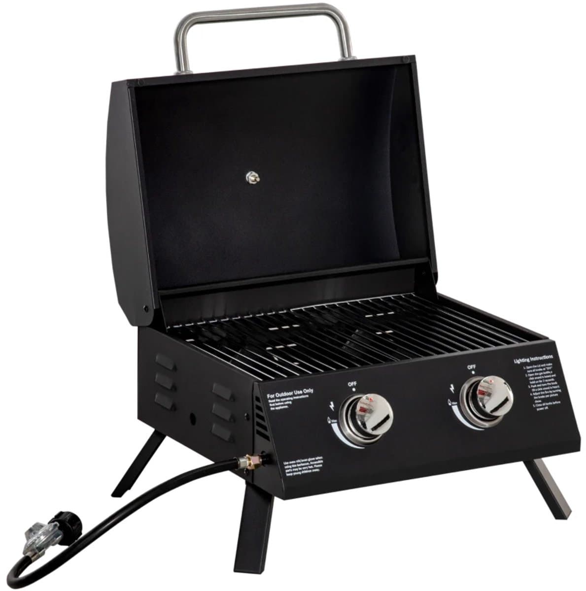 Gasbarbecue - Tafelmodel Gasbarbecue en Gasgrill - 2 Branders - Grillwagen - 5,6 kW - met Grillrooster, Drukregelaar, Slang, Thermometer - 55 x 46,5 x 41 cm - Zwart — afbeelding 1