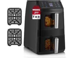 Heteluchtfriteuse - Dubbele mand - Gezond koken - Dubbele zone flexibiliteit - 11 liter capaciteit - Zwart