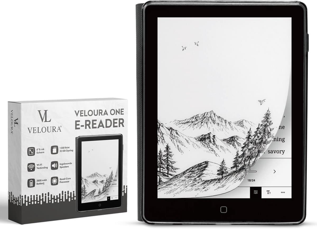 Veloura One E reader - inclusief 32GB SD kaart - 6 inch ereader met hoesje - met schermverlichting en nachtmodus - 64 GB opslag - online luisterboeken en storytel ondersteuning - nederlandstalig ebook — afbeelding 1