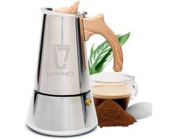 Moka Pot Percolator Inductie 300 ml 6 Kops – RVS Koffiezetapparaat met Houtlook Handvat – Espresso Maker – Leonomics