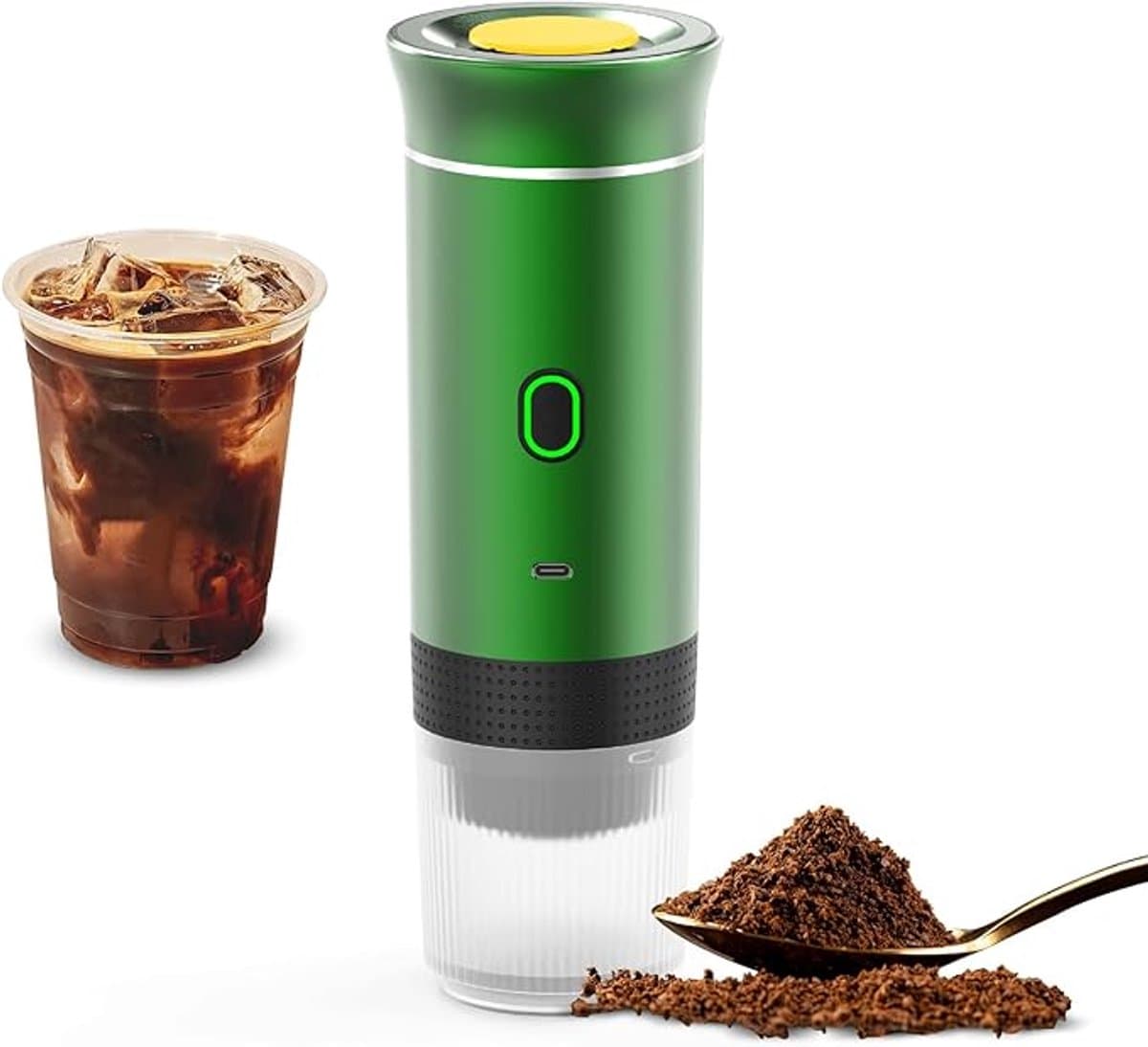 Groene, draadloze koffiemachine voor in de auto, thuis en op reis, 3-in-1 elektrische koffiemachine, geschikt voor capsules of gemalen koffie, mini-koffiemachine (15 bar) voor koud brouwen en warm koffiezetten, kopjes met een inhoud van 15 ml. — afbeelding 1