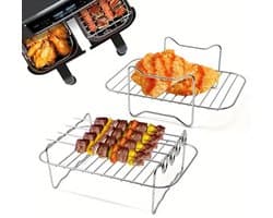 Dutchers® Set van 2 RVS Grill Rekken en 3x Spies stokjes - Wasbaar voor Dubbele Heteluchtfriteuse – Oven Accessoires - Te gebruiken voor: Ninja AF300EU, AF400EU, AF451EU, AF500EU, SL400EU en Andere Tweezone Airfryers
