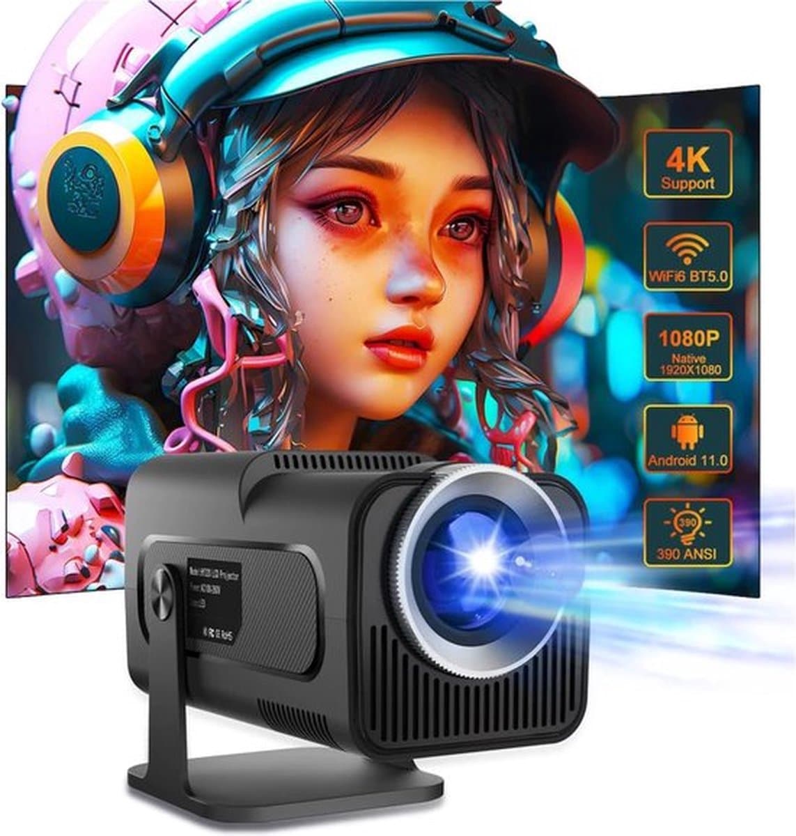 One Zisa - HY300 Mini - Beamer - Projector Beamer - Mini Meamer - 1920x1080dpi - Automatische focus - met WiFi - Android 11 - Zwart — afbeelding 1