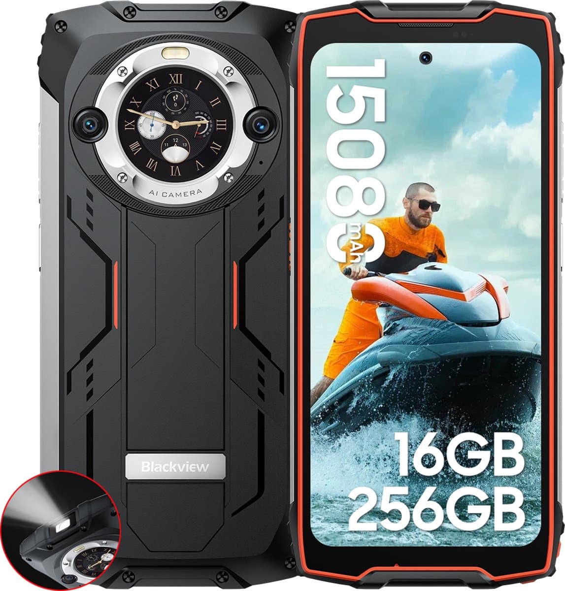 Blackview BV9300 Pro - Robuuste Smartphone - 16GB RAM - 256GB - 15080mAh - 120Hz 6.7" FHD - Dual 4G LTE - 64MP+32MP - IP68 Waterdicht - 1.32" Achterkant Dsiplay - NFC - GPS - Oranje — afbeelding 1