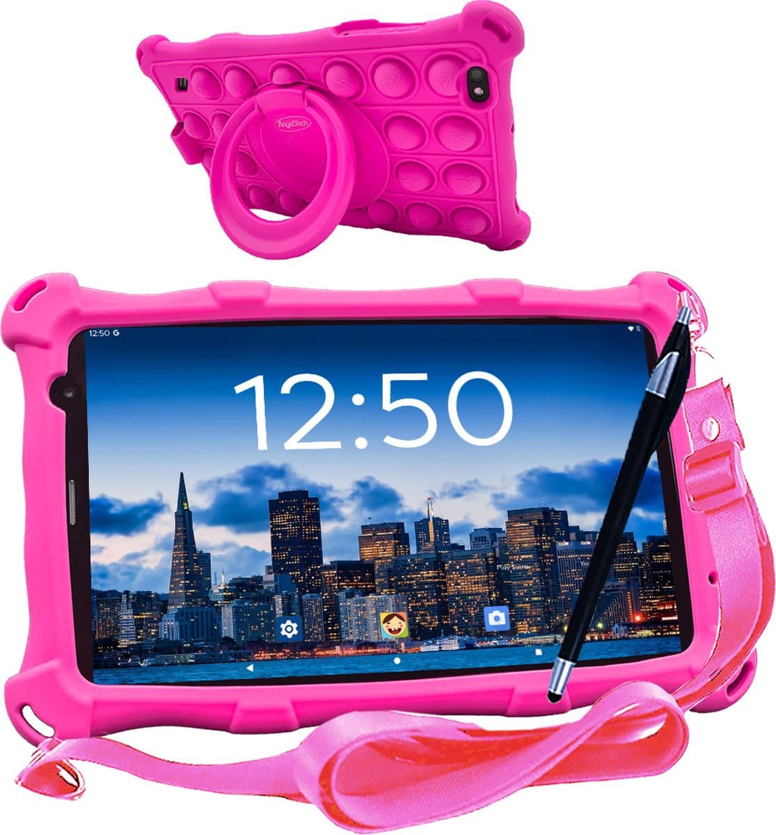 AngelTech Kindertablet PRO MAX - Android 15 - 4+3GB RAM - 64+64 GB - Snelle 8 Inch Kindertablet - Vanaf 3 Jaar - Perfect Voor School - Ouderlijk Toezicht - Ook Voor Volwassenen - 360° Fidgy Beschermhoes - Roze — afbeelding 1