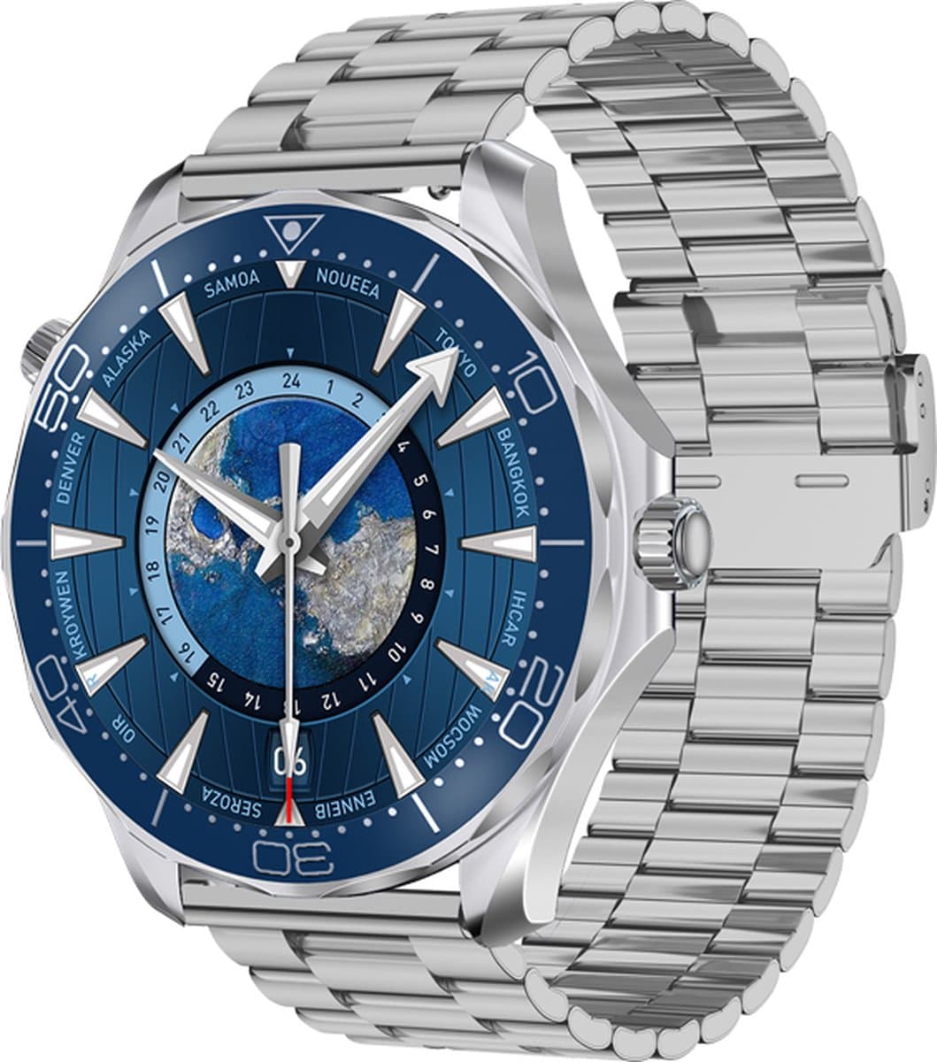 WizBay Premium Select® 1.53 inch HD TFT - Bluetooth Bellen - Message - Dynamic Hartslag & Slaap Monitor - Bloeddruk & Bloedzuurstofmeting - 100+ Sport Modi - 400mAh - Wireless Laden - Zilveren Case - RVS Zilver Band met Extra Blauwe TPU Band — afbeelding 1