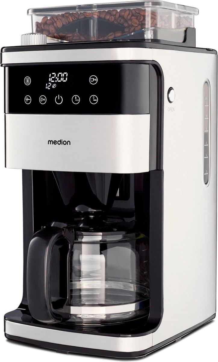 MEDION koffiezetapparaat met maler en glazen kan (1,5 liter, max. 12 kopjes, 8 maalinstellingen, max. 1050 watt, 24-uurs timer, LED-display, druppelstop, permanent filter, MD19899) — afbeelding 1