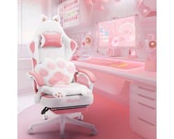 Dowinx Gamingstoel – Ergonomisch – Stoff – Roze – Kattenpoot-design – Met voetsteun – Verstelbaar – PC/Gamer stoel voor volwassenen