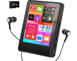 64GB MP3 Speler met Bluetooth 5.3 - 2.4 Inch Full Touchscreen - HiFi Geluid - FM Radio en Recorder - One-Tap Mute Toets - Uitbreidbaar tot 512GB - Inclusief Bedrade Headset