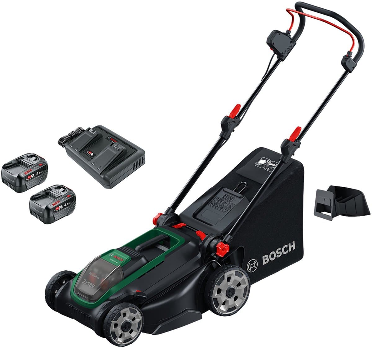 Bosch Rotak 18V2-43 - Grasmaaier - Inclusief 2 x 18V 4.0 Ah accu en AL 2x18V-88 lader en mulchplug — afbeelding 1