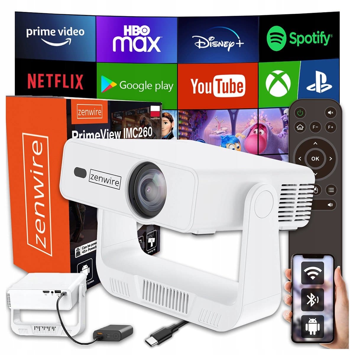 Zenwire PrimeView IMC260 Draagbare Mini Beamer met Android 14 - WiFi 6 Bluetooth USB-C - HD Projector met 4K Support voor Telefoon & Laptop — afbeelding 1