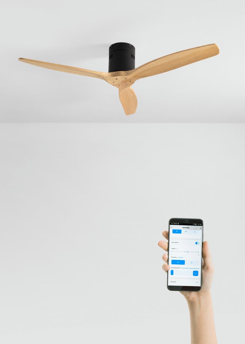 CREATE - Plafondventilator 40W silent 100% hout (Ø132cm) (ruimtes 10m²-25m²) - Zwart / Licht hout - Geen licht - WIFI + Afstandsbediening - WIND CALM NATURAL WOOD — afbeelding 1