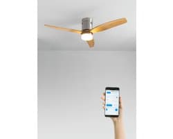 CREATE - Plafondventilator 40W silent 100% hout (Ø132cm) (ruimtes 10m²-25m²) - Nikkel / Licht hout- Met licht - WIFI + Afstandsbediening - WIND CALM NATURAL WOOD