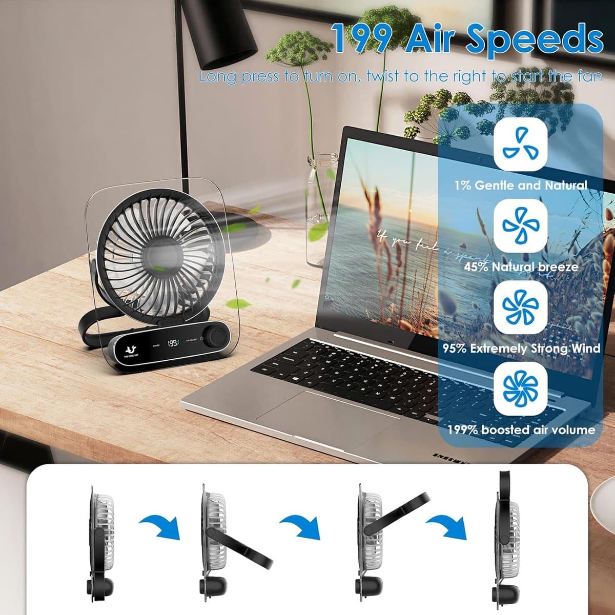 Draagbare USB Ventilator met 199 Snelheden en Stil Ontwerp - Mini Kantoorventilator voor Thuis en Outdoor — afbeelding 1