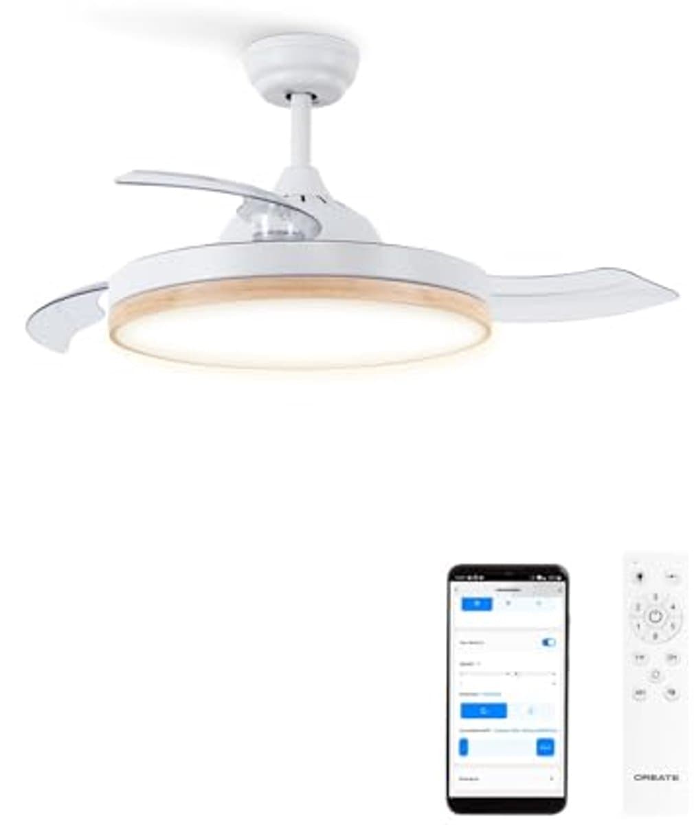 Plafondventilator met Licht en Afstandsbediening, Houtkleurige Design, 108 cm, Stille 40 W Motor, Intrekbare Bladen, 6 Snelheden, Timer en Wifi — afbeelding 1