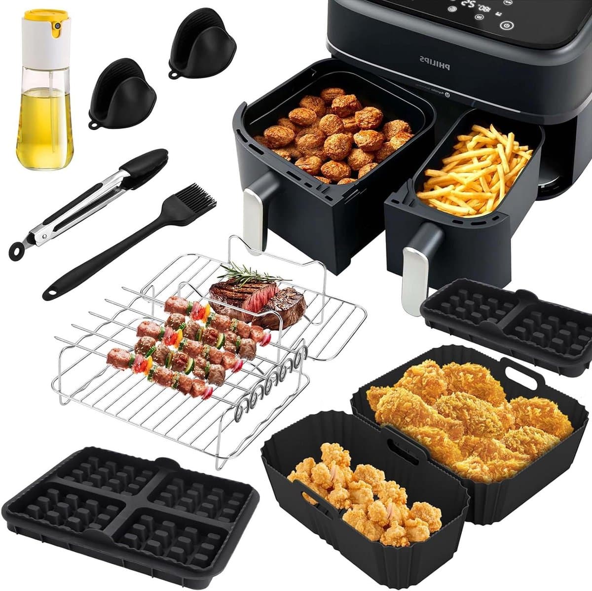 Allecto plus - Airfryer Accessoireset met Silicone Vorm en Grillrooster - 11-delige Set voor heteluchtfriteuse - Wafelvorm en Keukentang - Bakaccessoires - Compatibel met 6 l/3 l Modellen - Koken - Keukenaccessoires - Accessoires voor Friteuse — afbeelding 1
