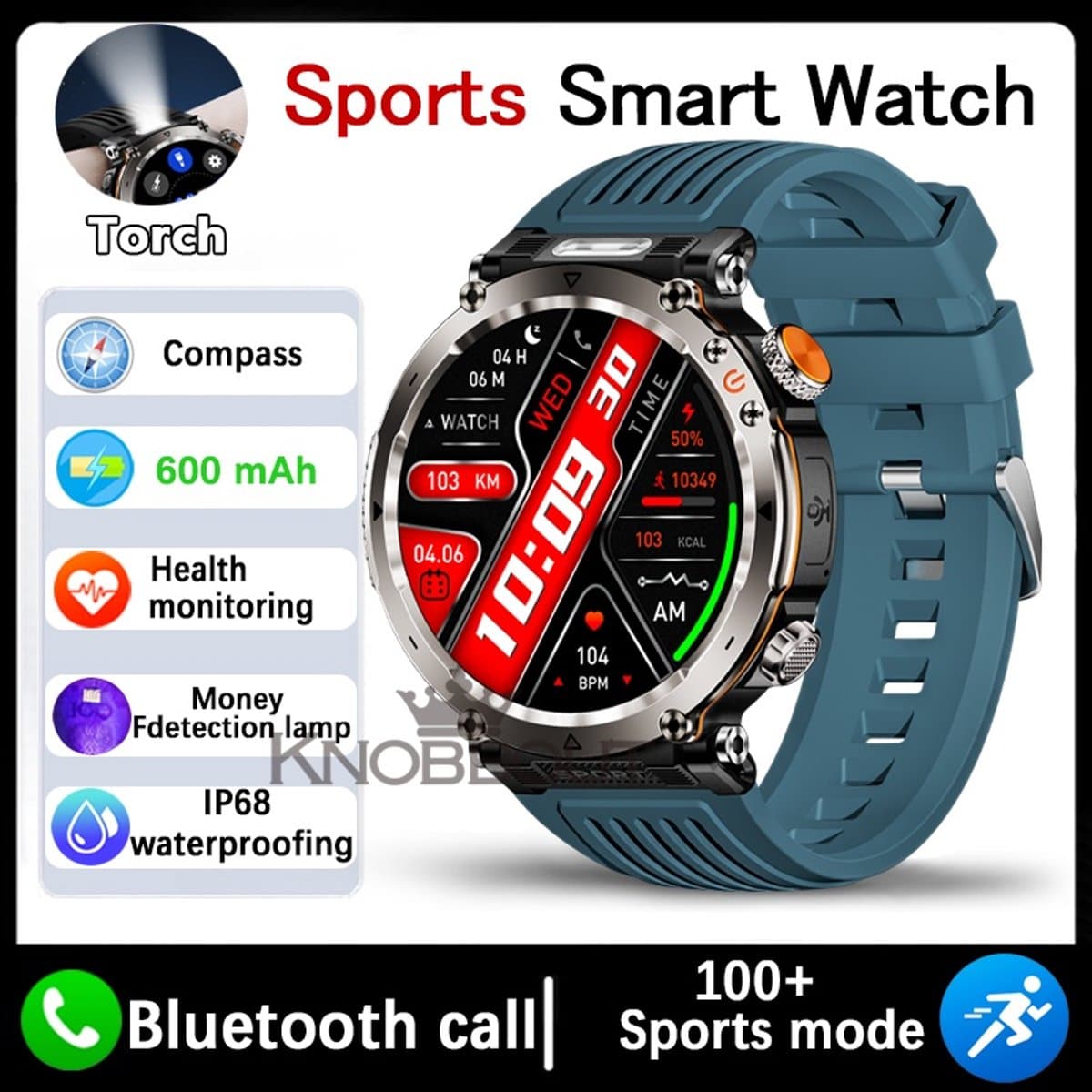 Knobbout 1.7" Outdoor Smartwatch – Digitale Kompas - LED & UV Licht -600mAh batterij - Bluetooth Bellen- IP68 Waterdicht -AI Spraakassistent - Gezondheid & Sportfuncties -Blauw Siliconen Band — afbeelding 1