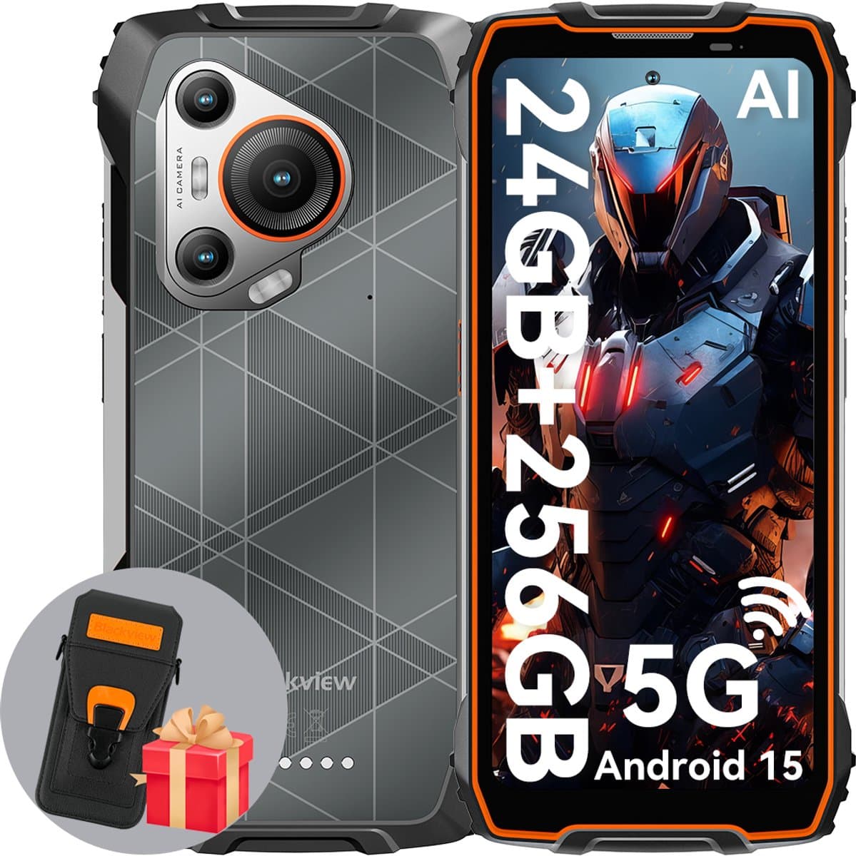 Blackview BL7000 - AI Robuuste Smartphone - 5G - 24GB RAM - 256GB ROM - Met Leren Hoesje - 6.78 inch 120Hz - Robuuste Telefoon - IP68 Waterdicht - Nachtzicht - Android 15 - NFC - GPS - Oranje — afbeelding 1