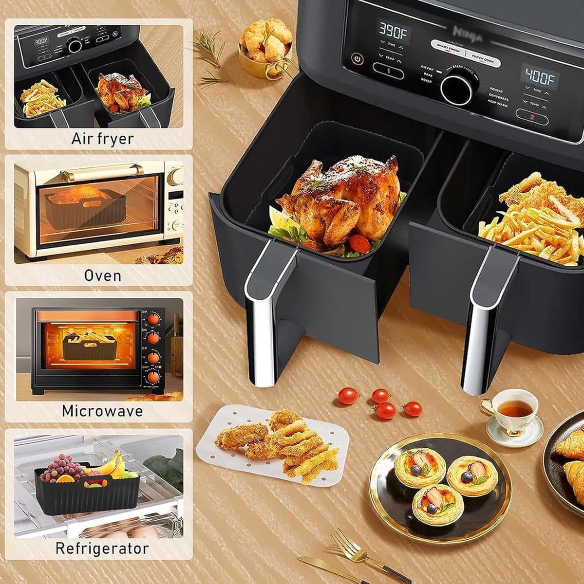 Airfryer-accessoires, Set van 7 geschikt voor Ninja Dual DZ201/401 & de meeste 8Qt-10Qt, bevat 2 duale airfryer-racks & 2 siliconen airfryer-liners & 2 siliconen handschoenen & 1 voedselklem — afbeelding 1