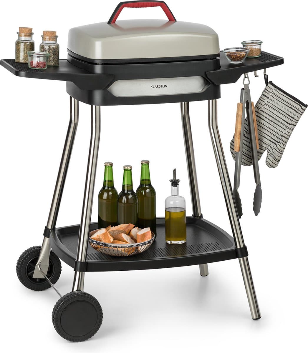 Klarstein Gatsby elektrische barbecuestandaard tafelgrill, vermogen: 2000 W, EasyGrill Concept, grilloppervlak: 40 x 36 cm / gegoten aluminium / antiaanbaklaag / grillmuts, twee zijtafels, beige / zwart - BBQ - 47 cm - RVS - RVS — afbeelding 1