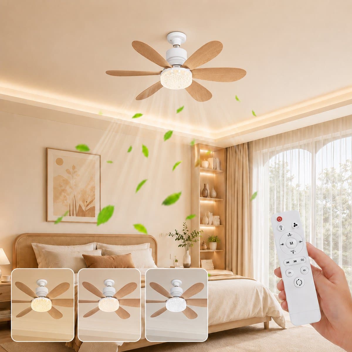 MUPOO Houtlook Plafondventilator met Lamp E27 Ø52 cm - Ventilatorlamp met Afstandsbediening - 3 Kleurtemperaturen - 3 Snelheden - Timer en Geheugenfunctie - Stil DC Motor -Voor Slaapkamer werkkamer — afbeelding 1