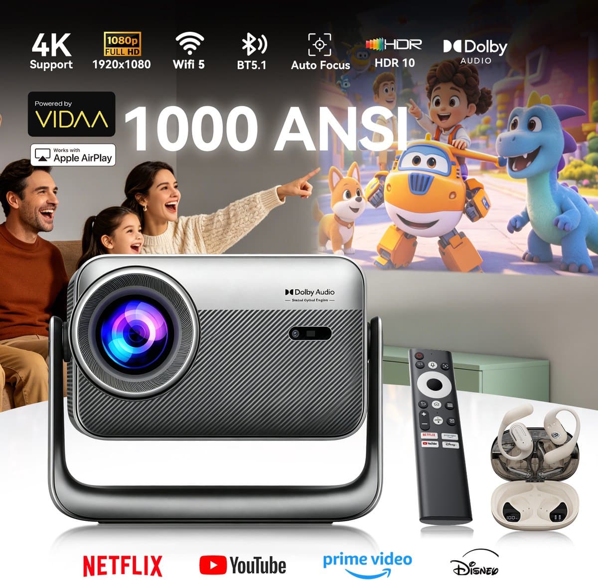Blackview PV1000 Max Beamer - 18000 Lumens-1080P FHD-4K Decodering-Dolby Audio-VIDAA OS-360° Gimbal- Netflix YouTube Disney+- Thuiscinema Buiten-Spelmodus-TOF Autofocus+Blackview AirBuds 300- Wit — afbeelding 1