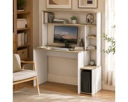 Computerbureau, 114 x 45 x 138 cm, bureau met opbergruimte, open planken en pc-houder, wit en naturel hout