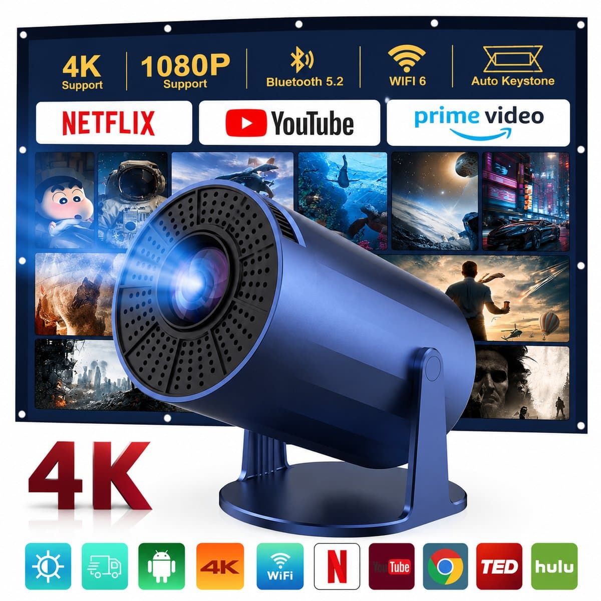 Mini Beamer met WiFi 6 en Bluetooth 5.2 – Android 11 – 200 ANSI – 4K Ondersteuning – 180° Draaibaar — afbeelding 1