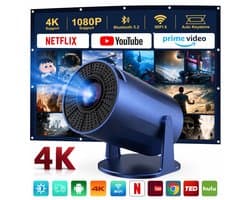 Mini Beamer met WiFi 6 en Bluetooth 5.2 – Android 11 – 200 ANSI – 4K Ondersteuning – 180° Draaibaar