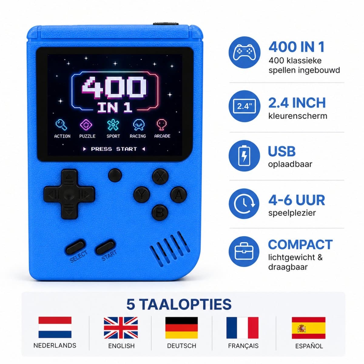 FivesquareNL Retro Handheld Game Console – 400 Spellen – USB Oplaadbaar – 2.4 Inch Kleurenscherm – Draagbare Spelcomputer voor Kinderen & Volwassenen – Blauw — afbeelding 1