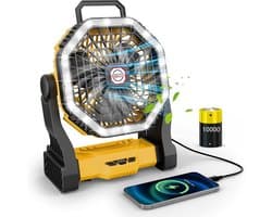 Camping ventilator oplaadbaar – 10000 mAh – Met LED licht – 4 snelheden – USB-C powerbank