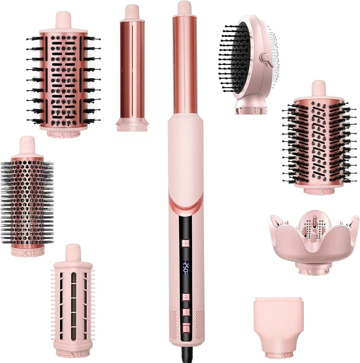 9 in 1 Föhnborstel Airstyler met LCD-display, Heteluchtborstel met afneembare Auto-Wrap krullers, volumeborstel & stijlborstel, 1400W ionen haarstyler, 3 temperatuurstanden voor alle haartypes — afbeelding 1