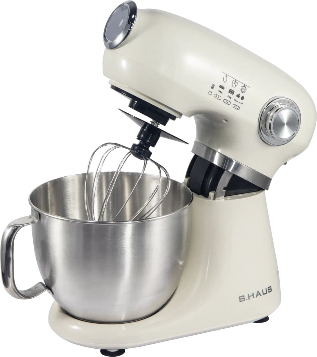 Keukenmachine – Keukenrobot 1000W – 5L RVS Mengkom – 12 Snelheden – Keukenmixer met Deeghaak, Klopper en Garde – Crème — afbeelding 1