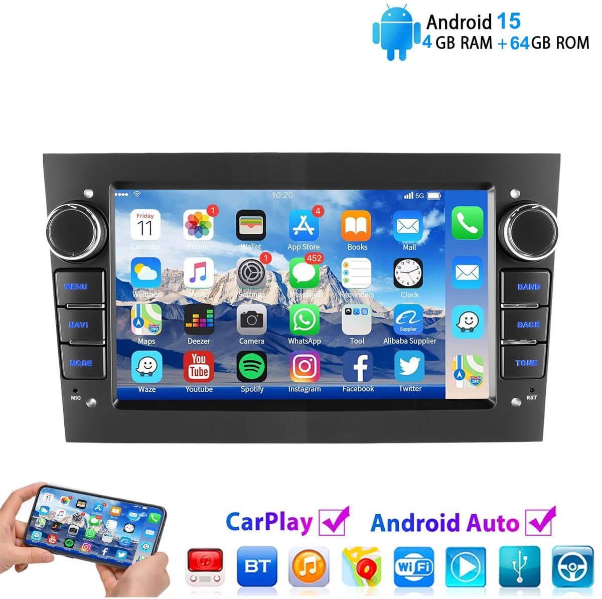 ESSGOO Android 15 Autoradio Geschikt Voor Opel Astra H Corsa C/D Meriva Zafira B - 4GB + 64GB - Draadloos Apple Carplay & Android Auto - 7-inch Touchscreen - GPS-Navigatie - Bluetooth & Wifi — afbeelding 1