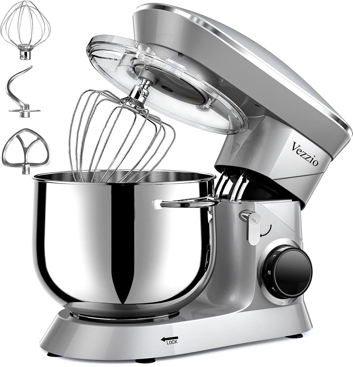SnelShoppen - Vezzio Food Processor Kneedmachine 1500W, Geluidsarm, 10 Snelheden, 8.5L RVS Kom, Kneedhaken, Mixborstel, Zilver, Voor Bakken en Koken — afbeelding 1