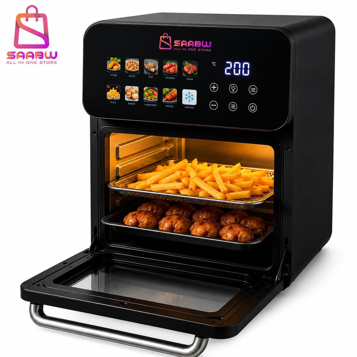 Airfryer XXL 16L 2400W – Heteluchtfriteuse met 10 Automatische Programma's, Touchscreen, Kijkvenster en Binnenverlichting – Olievrije Friteuse voor Bakken, Grillen, Braden en Frituren – Zwart –90177 — afbeelding 1