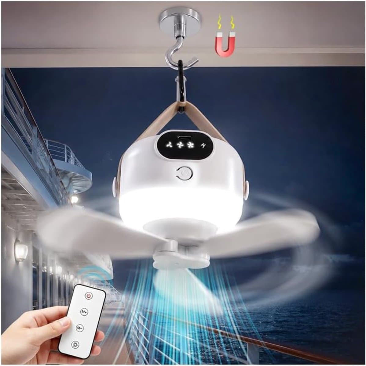 Plafondventilator - Draagbare reisventilator – Snoerloze mini-hangventilator – Stille werking met 3 snelheden – Ontwerp met magnetische haak – Ingebouwd ledlicht – Ideaal voor cruiseschepen, kamperen, tenten en auto's — afbeelding 1