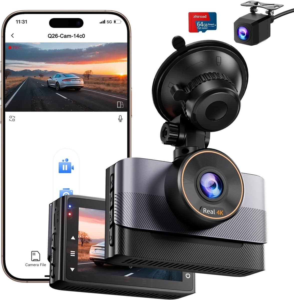 Dashcam voor auto - Zwart - Dual 4K + 1080p Camera - WiFi met Nachtzicht en Parkeerbewaking - Voor Auto — afbeelding 1