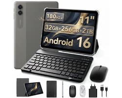 ExcitPower T70 Tablet - 32GB RAM - 256GB ROM - Met Toetsenbord - Met Lederen Hoesje - Android 16 - Grijs