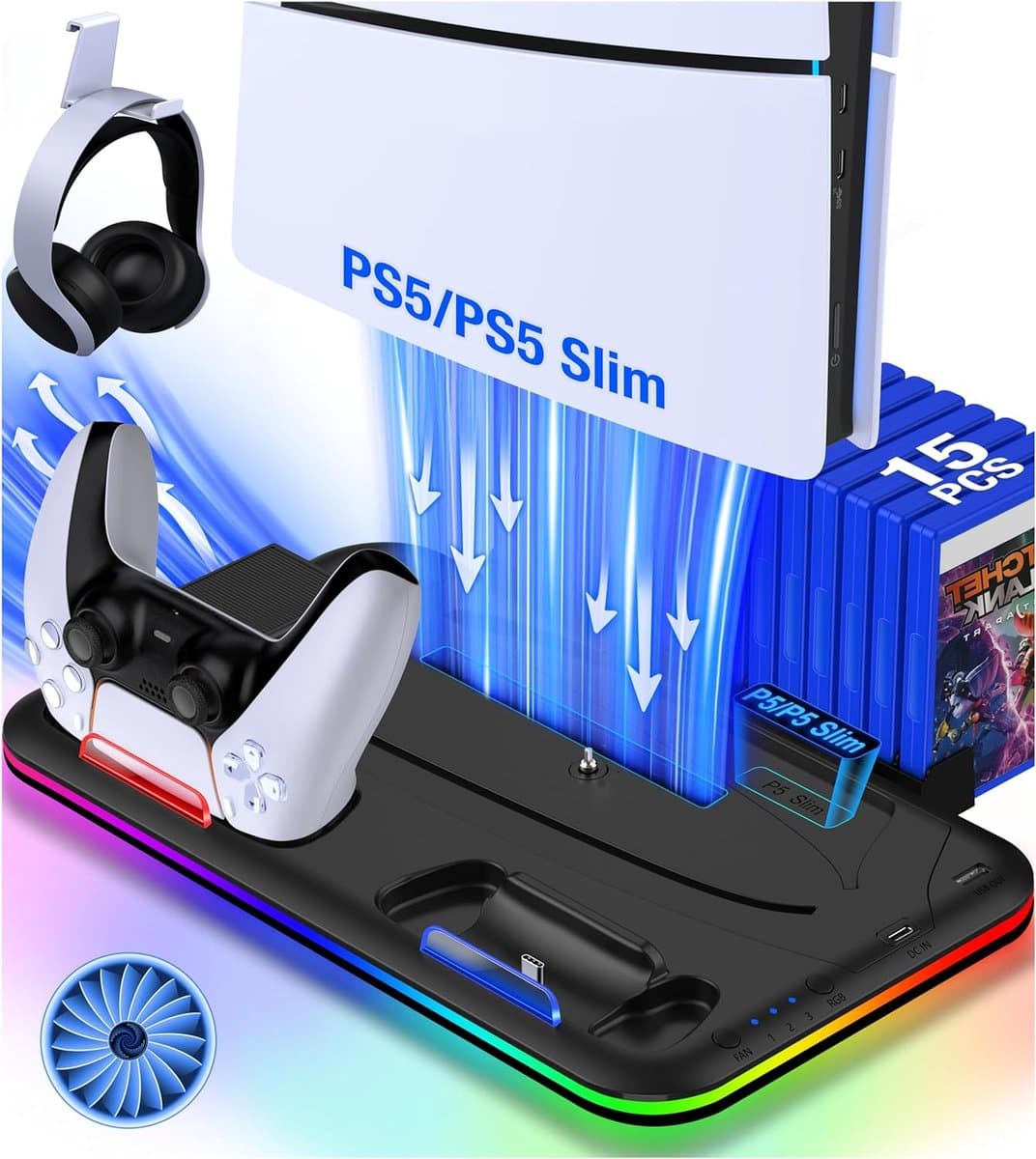 Docking Station geschikt voor PS5 Slim Charging Station - Oplaadstation Geschikt voor Playstation 5 - Accessoires Oplader Controllers - Headset Houder - Digital + Disc + Slim Edition — afbeelding 1
