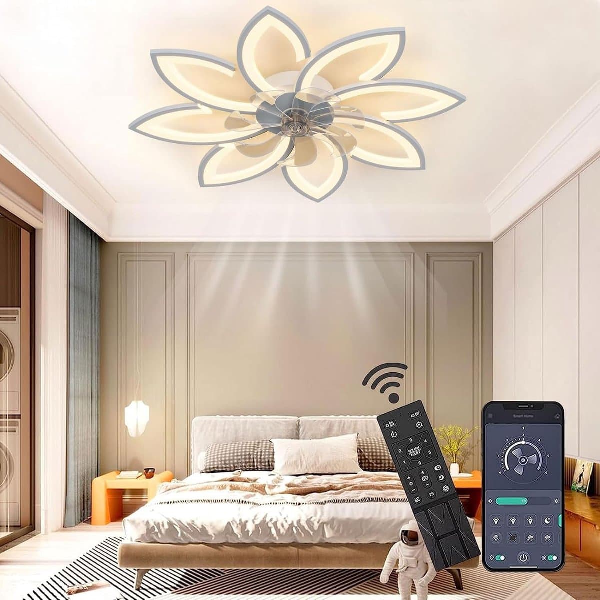 8 Bloem Ventilator Lamp - Moderne Plafondlamp Ventilator - 6 Standen - Wit - Dimbaar - Plafondventilator — afbeelding 1